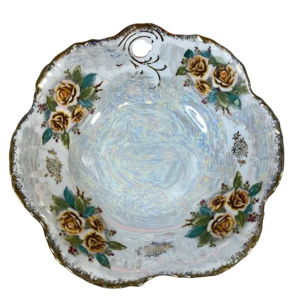 Japanese Vtg Serving Bowl Trimont Japan Lusterware Scalloped Rim Rose Pattern